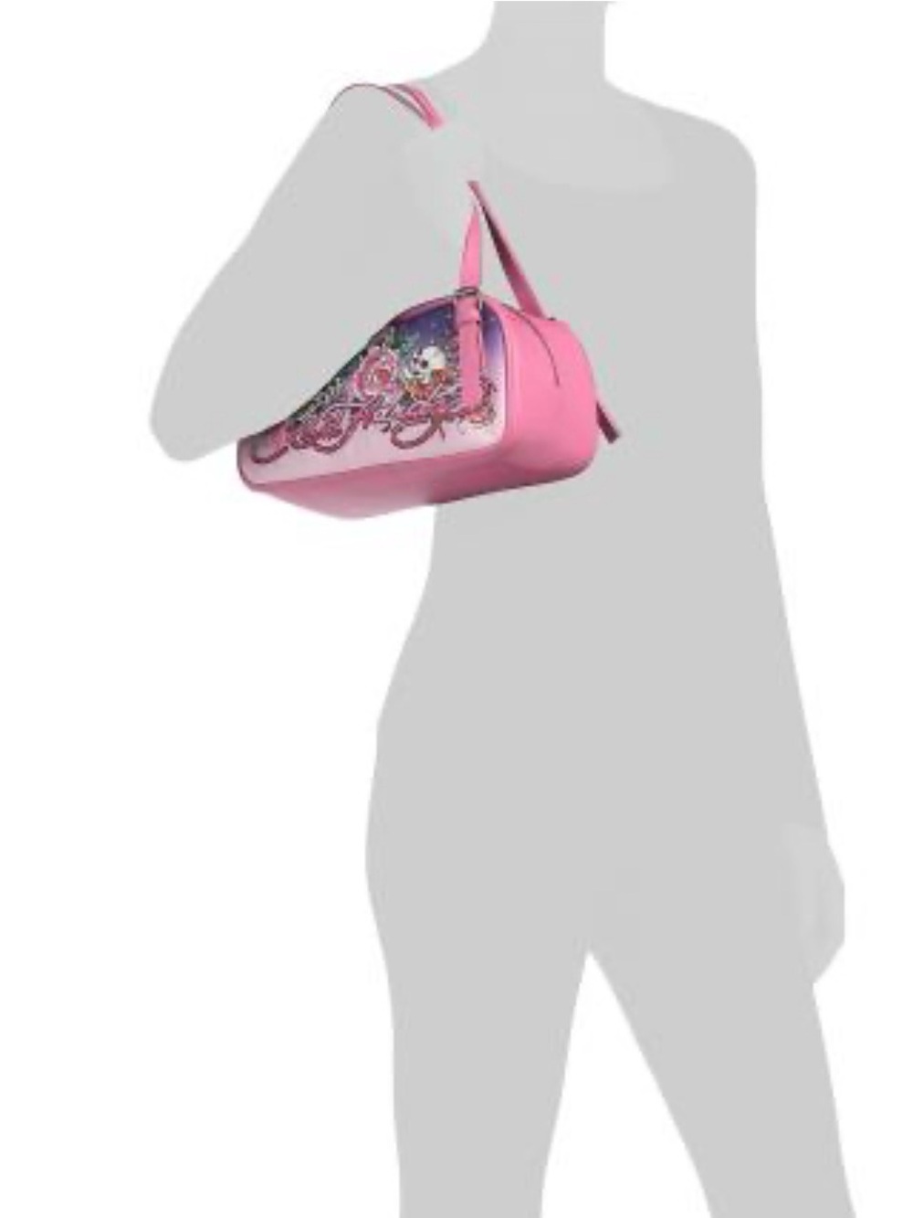 Ed Hardy Pink Floral Skull Shoulder Bag with Purple Accent - Picture 2 of 8